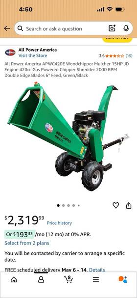 All Power American Apwc420e 15hp Gas Wood Chipper Shredder 6 Inch 420cc Towable With E-start And 2 Hitch Jockey Wheel