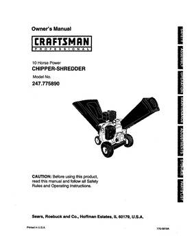 Craftsman 247.775890 Owner S Manual Sears 10.0 H.p. Chipper-shredder - Model