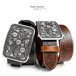 Rhinestone Buckle Genuine Full Grain Floral Engraved Leather Belt 1-1/2" Wide. Fixed Price $36.95.